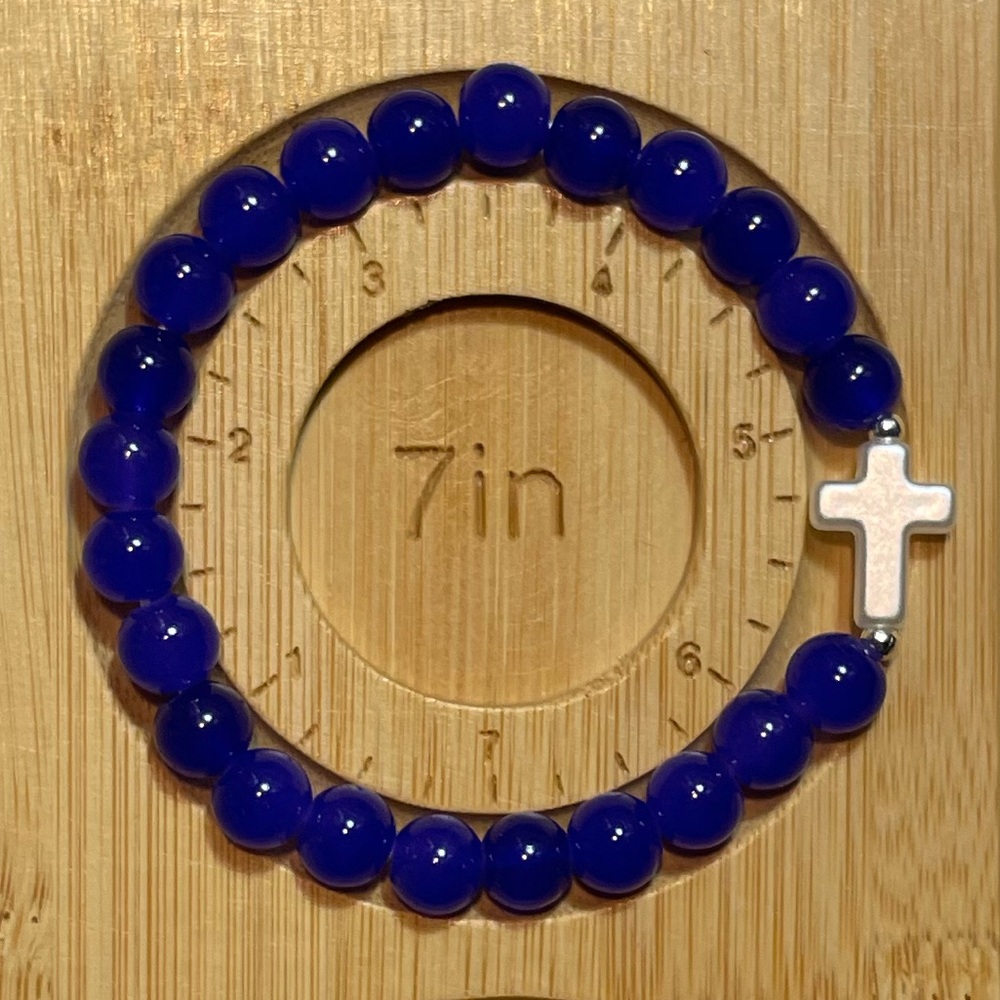 Blue Beaded Bracelet with White Cross